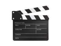 Cinema film production realistic transparent composition with isolated image of clapper with empty fields vector illustration